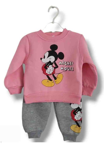 Kız Bebek Çocuk Alt Üst Eşofman Takımı Kışlık 3 Ip Şardonlu Pembe Mickey Minnie Mouse