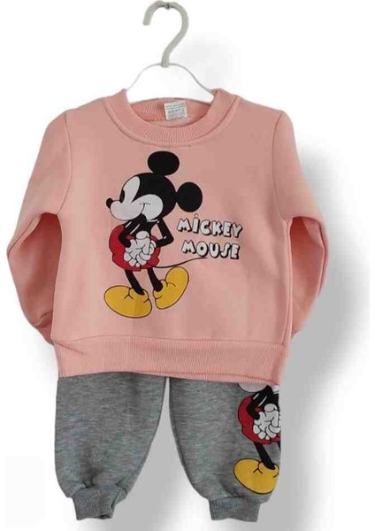 Kız Bebek Çocuk Alt Üst Eşofman Takımı Kışlık 3 Ip Şardonlu Pembe Mickey Minnie Mouse