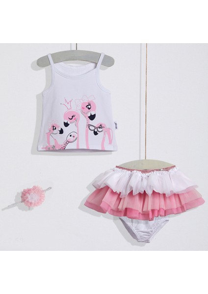 Kız Bebek Beyaz Askılı Tişört Etek 2'li Takım