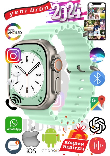 Apple Iphone 14 Plus Uyumlu Akıllı Saat Ultra Max 2024 Kordon Hediyeli Amoled Ekran