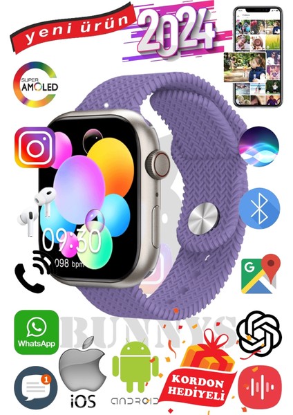 Redmi Note 9 Uyumlu Akıllı Saat Watch 9 MAX+2024 45MM Kordon Hediyeli Amoled Ekran