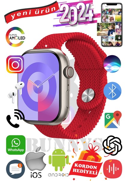 Apple iPhone Xr Uyumlu Akıllı Saat Watch 9 MAX+2024 45MM Kordon Hediyeli Amoled Ekran