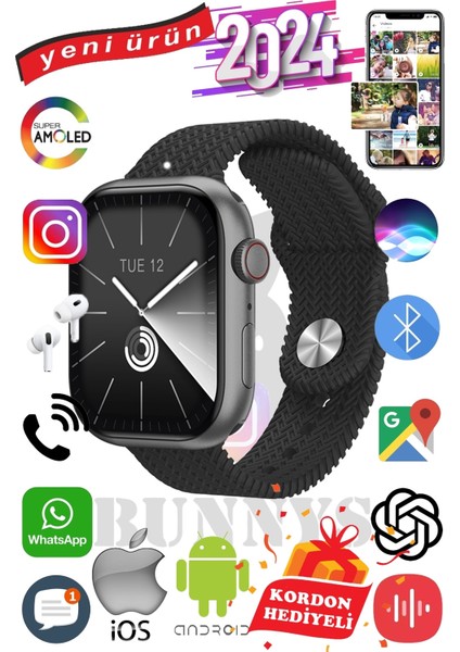 Philips Uyumlu Akıllı Saat Watch 9 MAX+2024 45MM Kordon Hediyeli Amoled Ekran