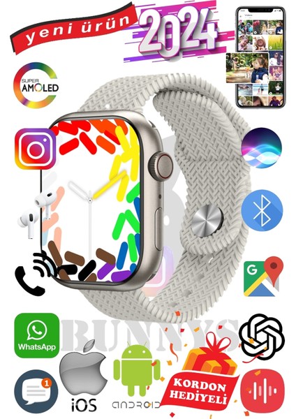 Rabbit Store Samsung Galaxy M21 Uyumlu Akıllı Saat Watch 9 MAX+2024 45MM Kordon Hediyeli Amoled Ekran