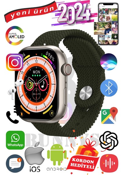 Rabbit Store Xiaomi Redmi Note 8 Uyumlu Akıllı Saat Watch 9 MAX+2024 45MM Kordon Hediyeli Amoled Ekran