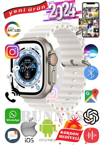 Apple iPhone 13 Mini Uyumlu Akıllı Saat Ultra Max 2024 Kordon Hediyeli Amoled Ekran
