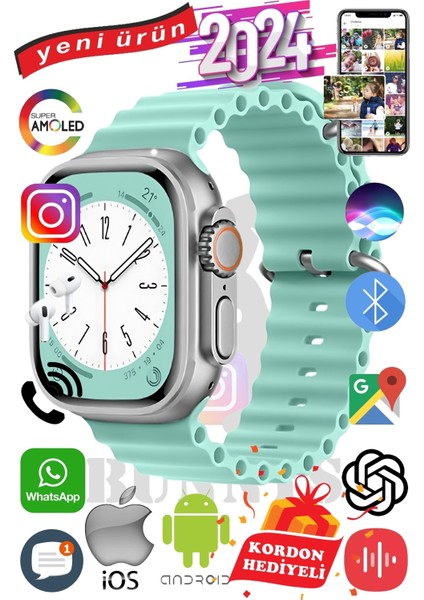 Samsung Galaxy M40 Uyumlu Akıllı Saat Ultra Max 2024 Kordon Hediyeli Amoled Ekran