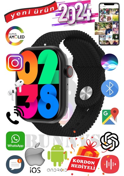 General Mobile Gm 20 Uyumlu Akıllı Saat Watch 9 MAX+2024 45MM Kordon Hediyeli Amoled Ekran