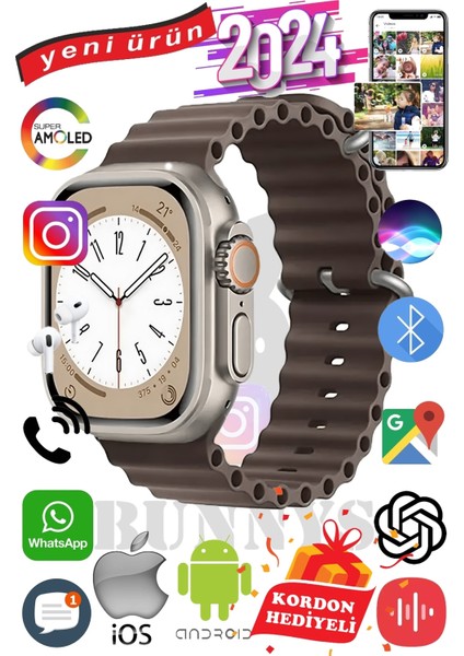Apple Iphone 15 Pro Max Uyumlu Akıllı Saat Ultra Max 2024 Kordon Hediyeli Amoled Ekran