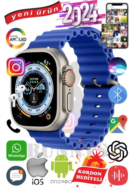 Oppo A55 Uyumlu Akıllı Saat Ultra Max 2024 Kordon Hediyeli Amoled Ekran