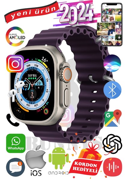 Huawei Uyumlu Akıllı Saat Ultra Max 2024 Kordon Hediyeli Amoled Ekran
