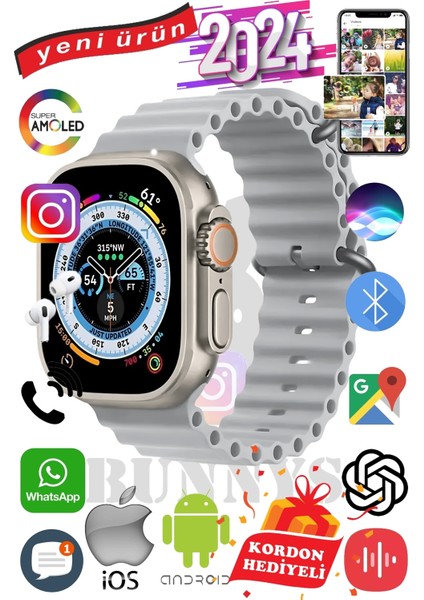 Apple Iphone 15 Plus Uyumlu Akıllı Saat Ultra Max 2024 Kordon Hediyeli Amoled Ekran