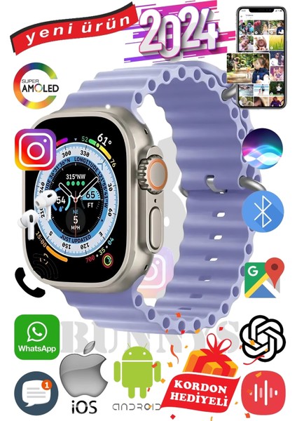 Oppo A91 Uyumlu Akıllı Saat Ultra Max 2024 Kordon Hediyeli Amoled Ekran