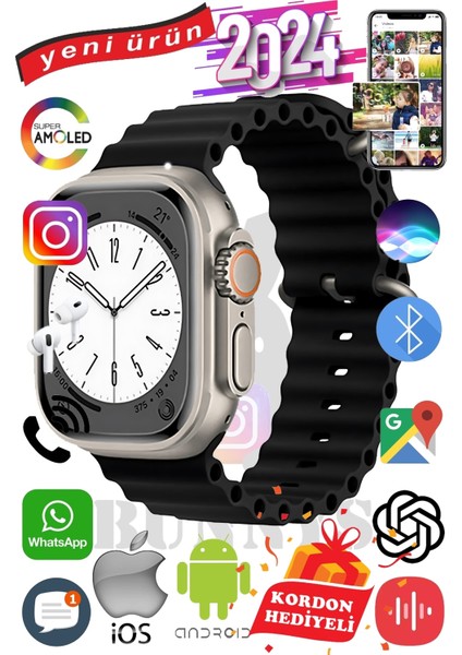 Apple iPhone 13 Pro Max Uyumlu Akıllı Saat Ultra Max 2024 Kordon Hediyeli Amoled Ekran