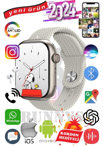 Rabbit Store Samsung Galaxy M53 Uyumlu Akıllı Saat Watch 9 MAX+2024 45MM Kordon Hediyeli Amoled Ekran