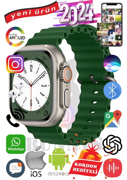 General Mobile Gm 20 Uyumlu Akıllı Saat Ultra Max 2024 Kordon Hediyeli Amoled Ekran