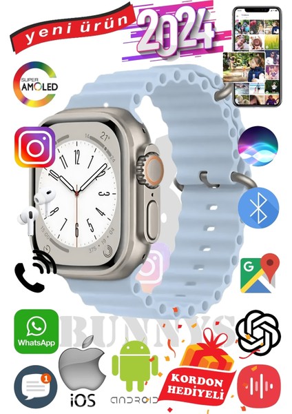 Apple Iphone 15 Plus Uyumlu Akıllı Saat Ultra Max 2024 Kordon Hediyeli Amoled Ekran