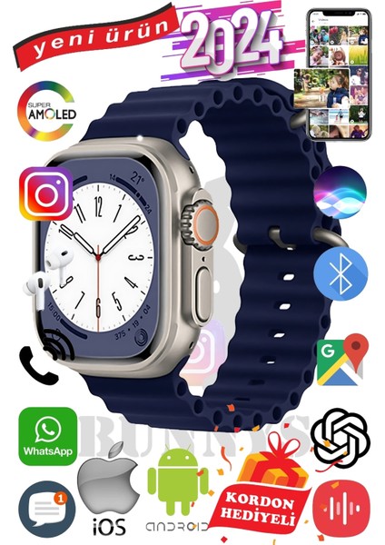 Samsung Galaxy A30 Uyumlu Akıllı Saat Ultra Max 2024 Kordon Hediyeli Amoled Ekran