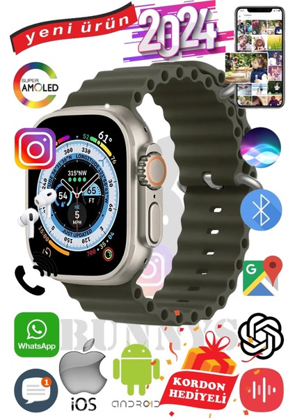 Samsung Galaxy S22 Ultra Uyumlu Akıllı Saat Ultra Max 2024 Kordon Hediyeli Amoled Ekran