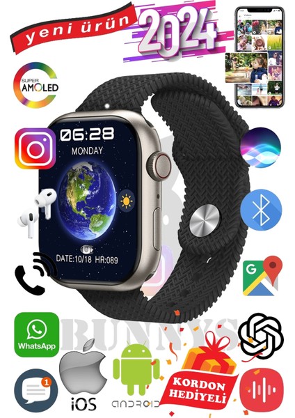 Apple iPhone Xr Uyumlu Akıllı Saat Watch 9 MAX+2024 45MM Kordon Hediyeli Amoled Ekran