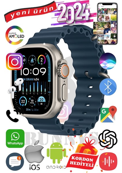 Tecno Camon Uyumlu Akıllı Saat Ultra Max 2024 Kordon Hediyeli Amoled Ekran