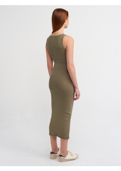 90891 Yıkama Efektli Kolsuz Uzun Elbise-Haki fiyatları