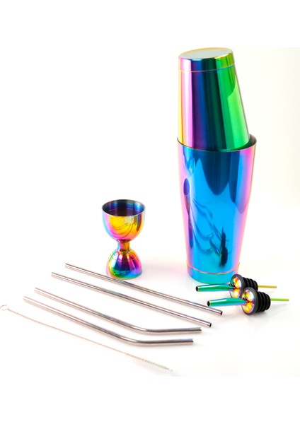 Rainbow Renkli 850ML Boston Shaker +Jigger+2 Şişe Dökücü+4 Adet Metal Pipet