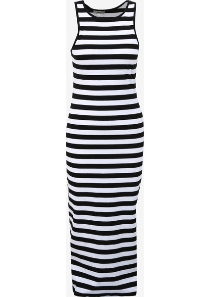 Beyaz - Siyah Kadın Yuvarlak Yaka Regular Fit Çizgili Elbise C4Sl-Elb4013