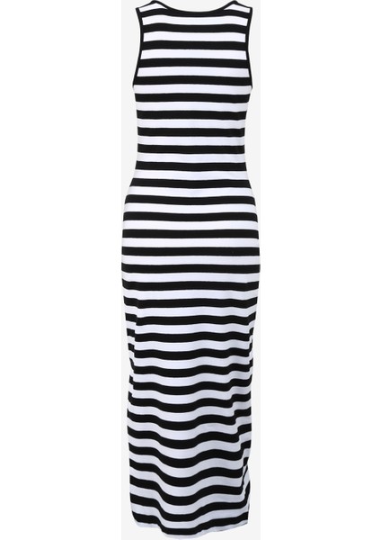 Beyaz - Siyah Kadın Yuvarlak Yaka Regular Fit Çizgili Elbise C4Sl-Elb4013 fiyatları