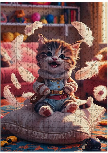 Ahşap Mdf Puzzle Yapboz Kuş Tüyü Yastık ve Afacan Kedi 500 Parça 50*70 cm