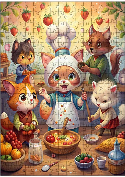 Ahşap Mdf Puzzle Yapboz Kedi Ailesi Mutfakta Yemek 255 Parça 35*50 cm