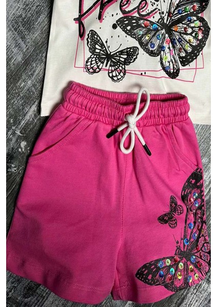 Kız Çocuk Kelebek ve Yazı Baskılı Penye Pembe Şortlu Takım
