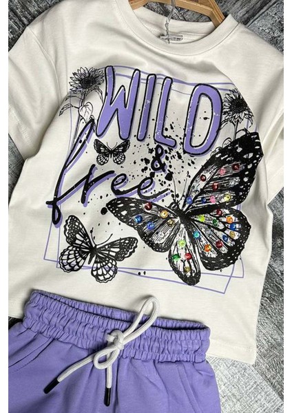 Kız Çocuk Kelebek ve Yazı Baskılı Penye Mor Şortlu Takım fiyatları