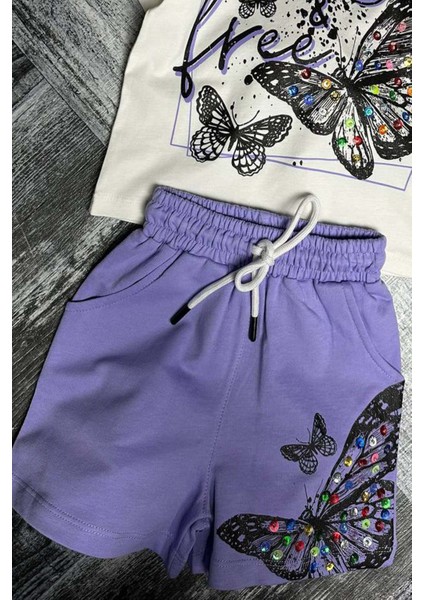 Kız Çocuk Kelebek ve Yazı Baskılı Penye Mor Şortlu Takım modelleri