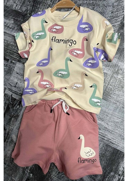 Kız Çocuk Flamingo Baskılı Kısa Kollu Pudra Şortlu Takım
