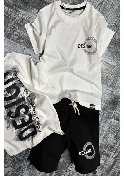 Erkek Çocuk Design Çift Baskı Bisiklet Yaka Beyaz Şortlu Takım