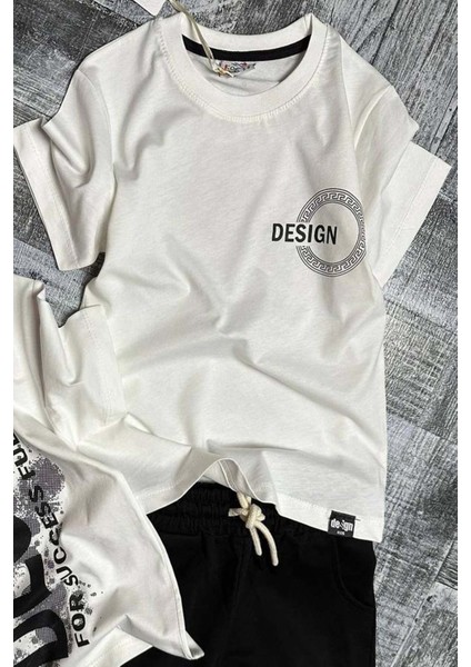 Erkek Çocuk Design Çift Baskı Bisiklet Yaka Beyaz Şortlu Takım