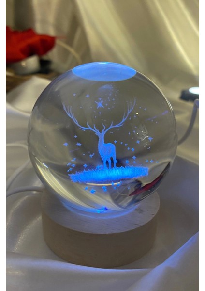 3D LED Işık Cam Küre Çok Işıklı Ahşap Geyik 7 cm