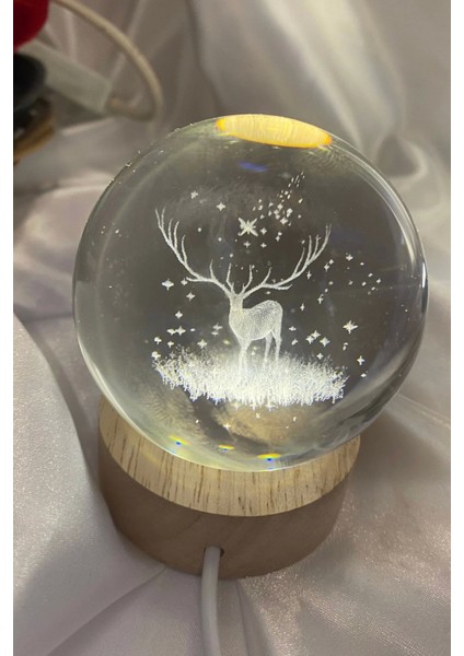 3D LED Işık Cam Küre Tek Renk Günışığı Ahşap Geyik 7 cm