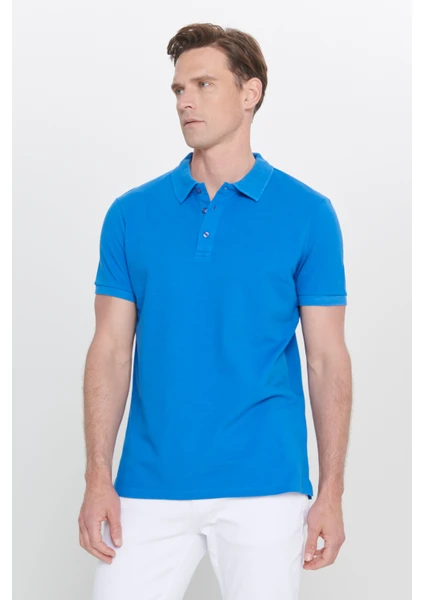 ALTINYILDIZ CLASSICS Erkek Royal Mavi %100 Pamuk Kıvrılmaz Polo Yaka Slim Fit Dar Kesim Tişört