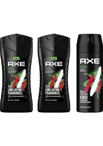 Africa 3in1 Erkek Duş Jeli 250ML 2 Adet + Axe Africa Erkek Sprey Deodorant 150ML 3lü Set