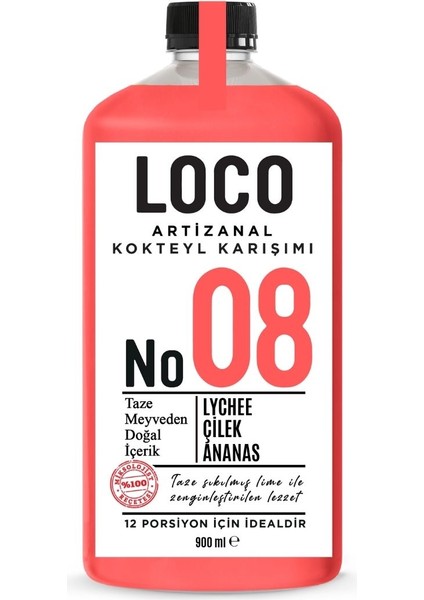 NO 08 Lychee/Liçi Çilek Ananas Artizanal Alkolsüz Karışım Taze Sıkma Meyve Kokteyl Mix 900 ml