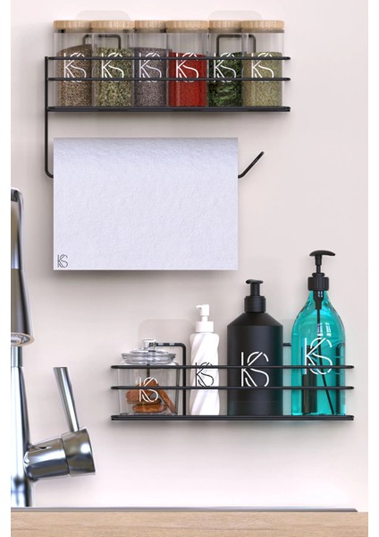 Yapışkanlı Şampuanlık Baharatlık 2'li Metal Kağıt Havluluk Siyah Stand Mutfak ve Banyo Rafı Banyo Rafı fiyatları