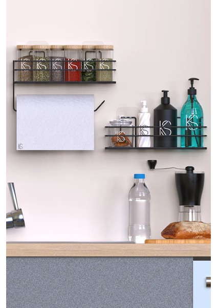 Yapışkanlı Şampuanlık Baharatlık 2'li Metal Kağıt Havluluk Siyah Stand Mutfak ve Banyo Rafı Banyo Rafı fırsatları