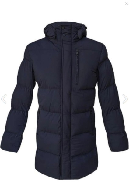 Slim Fit Kapşonlu Lacivert Uzun Dolum Mont