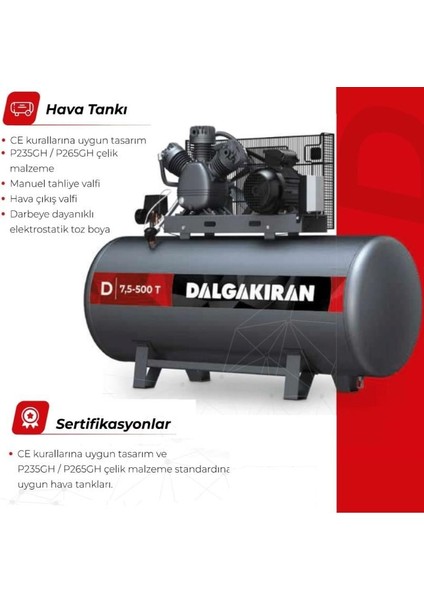 500 Lt. Kompresör 380V 4kw/5,5hp Tek Kademeli 7 Bar D5,5-500