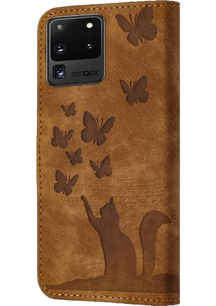 Samsung Galaxy S20 Ultra Cüzdan Kılıf Tutucu Kapak Kabartmalı Kedi (Yurt Dışından)