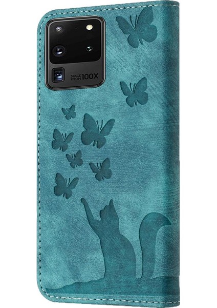 Samsung Galaxy S20 Ultra Cüzdan Kılıf Tutucu Kapak Kabartmalı Kedi (Yurt Dışından)