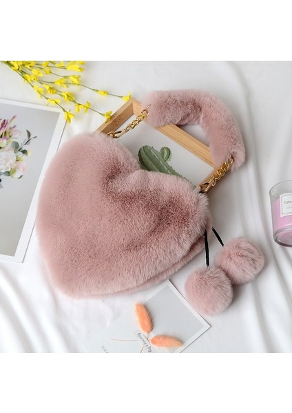 Faux Fur Tote Sevimli Peluş Kalp Tek Omuz Aşk Tote Crossbody Çanta (Yurt Dışından)