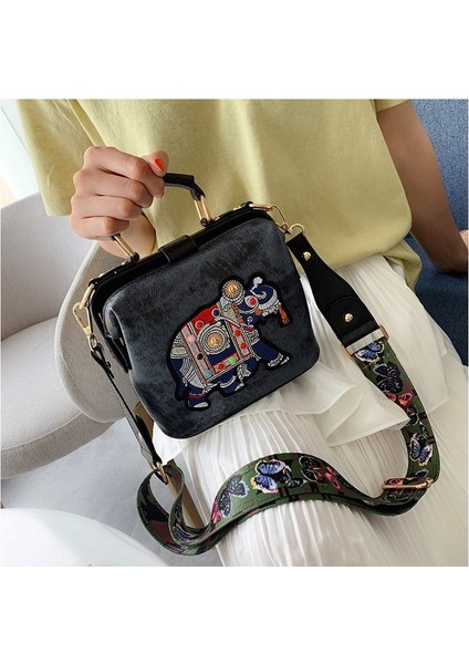 Beautifyy Vintage Nakış Fil Çantası Geniş Kelebek Kayış Pu Deri Bayanlar Omuz Messenger Çantası (Yurt Dışından)